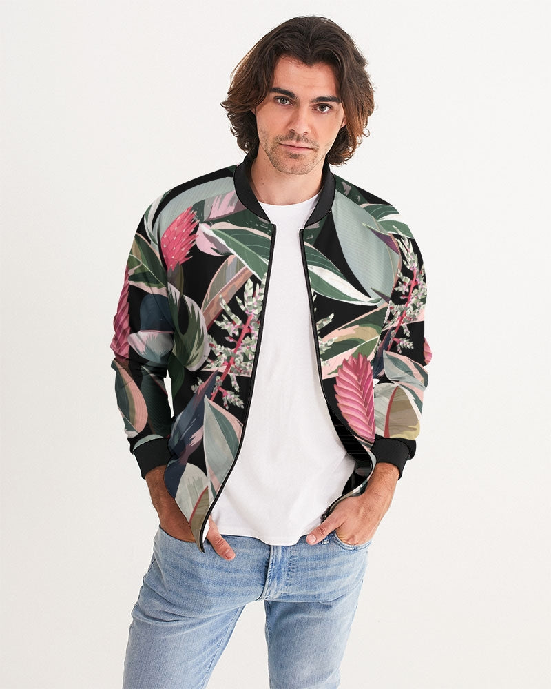 Men's Black Botanical Bomber Jacket — bold all-over print by AmbiVirile, detail view