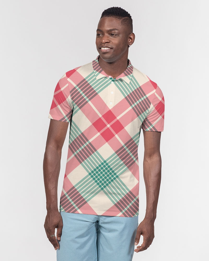 Candy Cane Plaid Men's Slim Fit Short Sleeve Polo