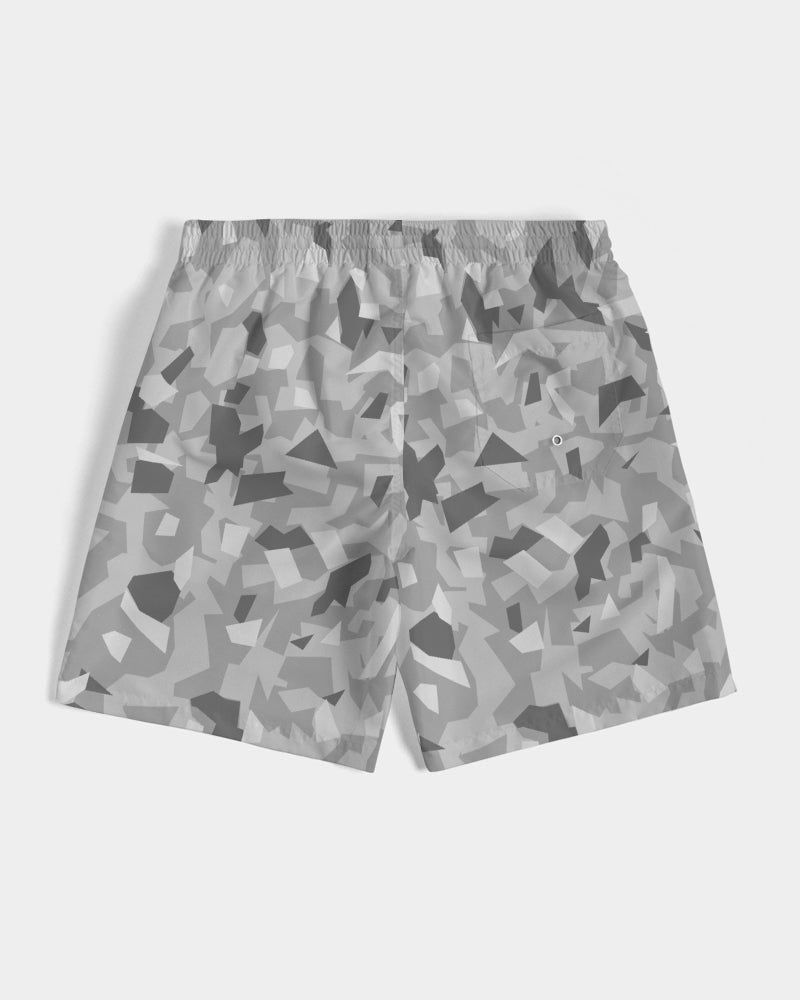 Men's White Camo Swim Trunks — bold all-over print by AmbiVirile, detail view