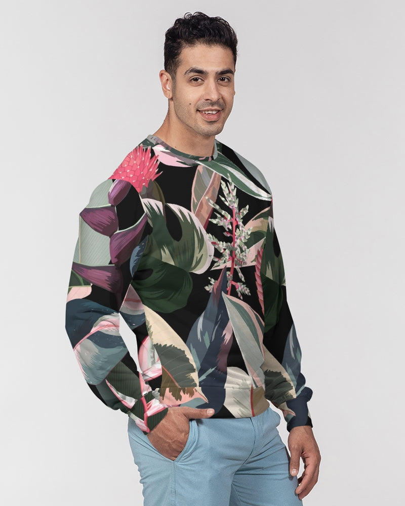 Black Botanical Men's Classic French Terry Crewneck Pullover