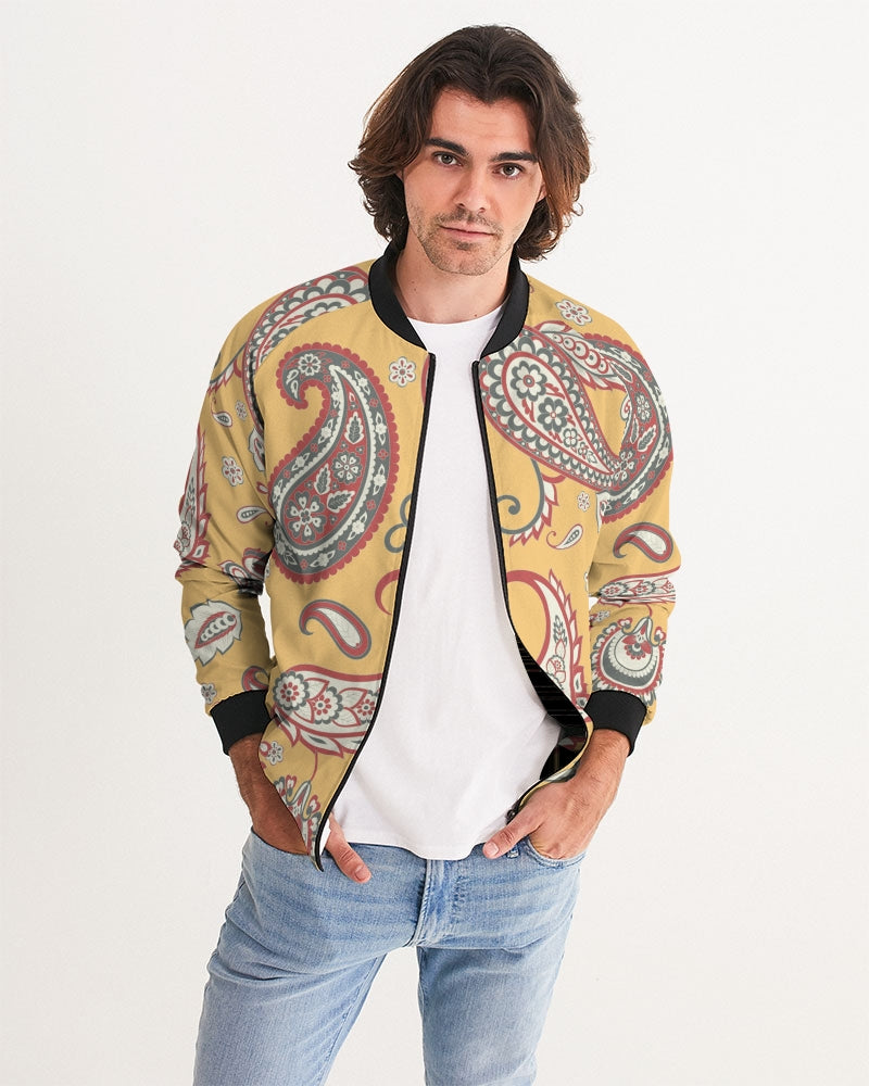 Men's Canary Paisley Bomber Jacket — bold all-over print by AmbiVirile, detail view