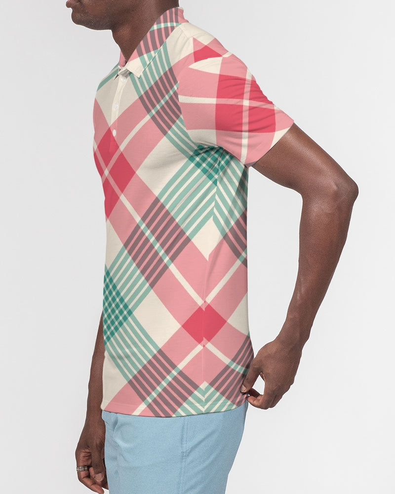 Candy Cane Plaid Men's Slim Fit Short Sleeve Polo