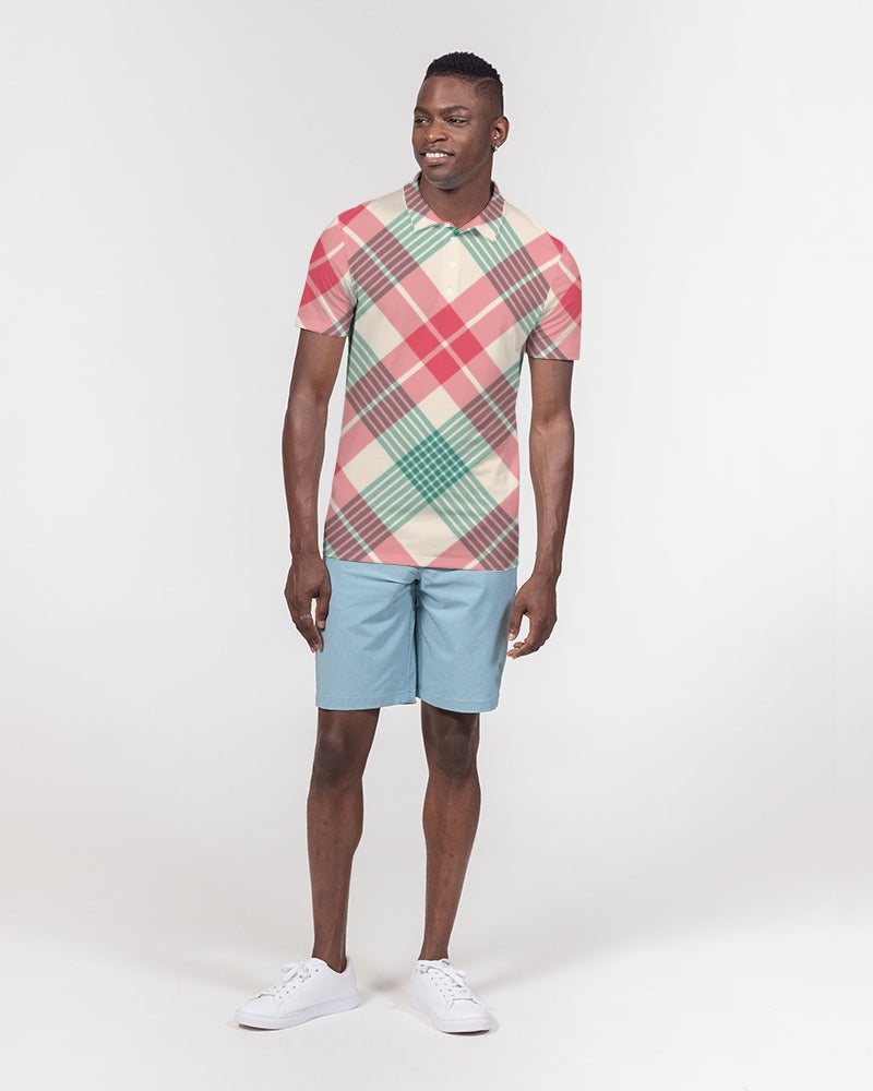 Candy Cane Plaid Men's Slim Fit Short Sleeve Polo