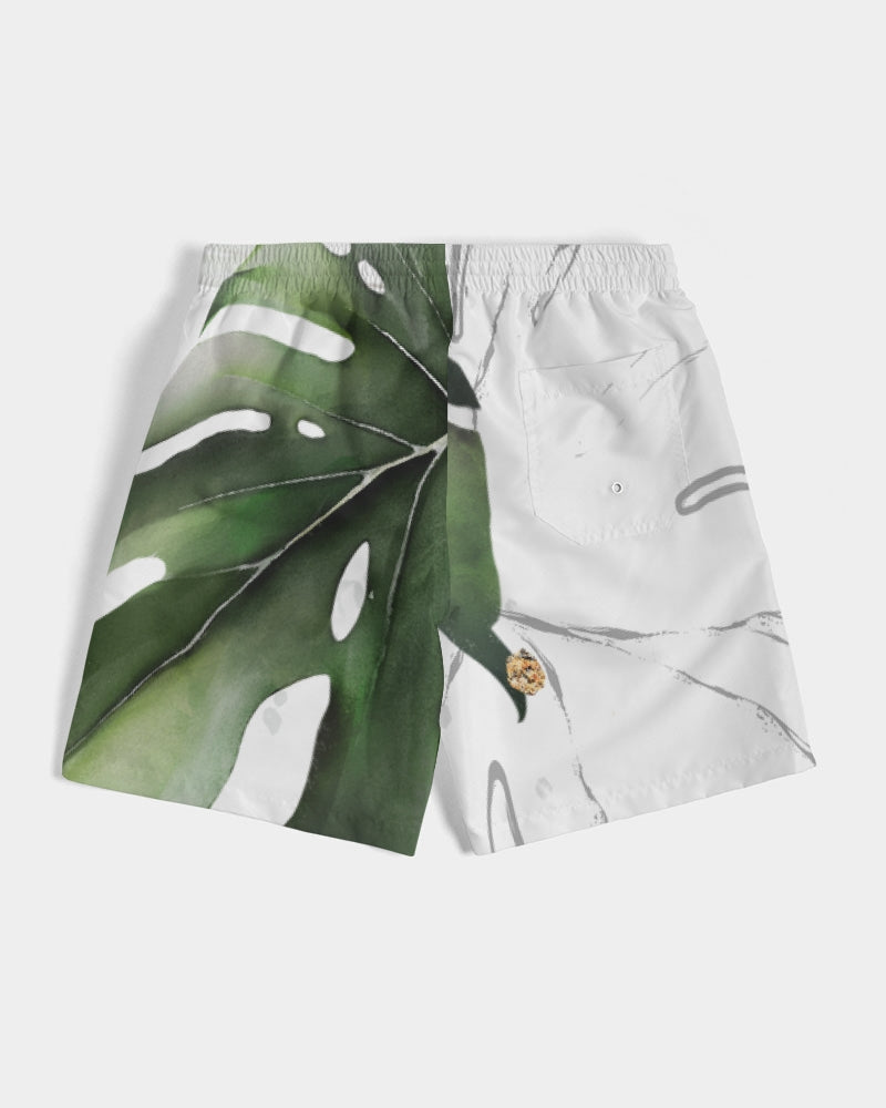 Men's Monstera Swim Trunks — bold all-over print by AmbiVirile, detail view