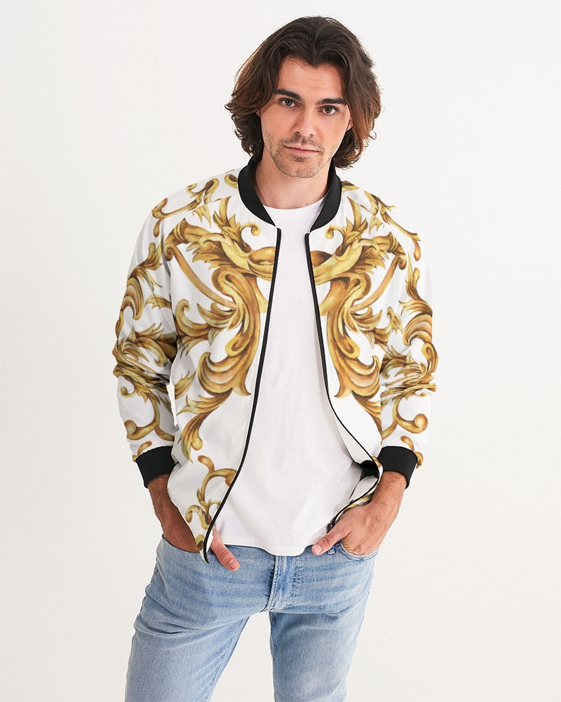 Men's Vintage Gold Bomber Jacket — bold all-over print by AmbiVirile, detail view