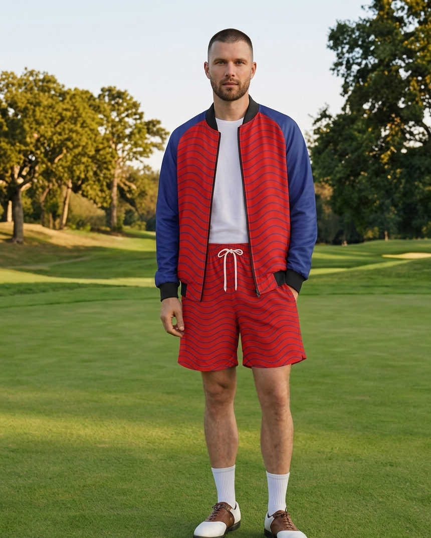 Men's Patriotic Bomber Jacket — bold all-over print by AmbiVirile, front view