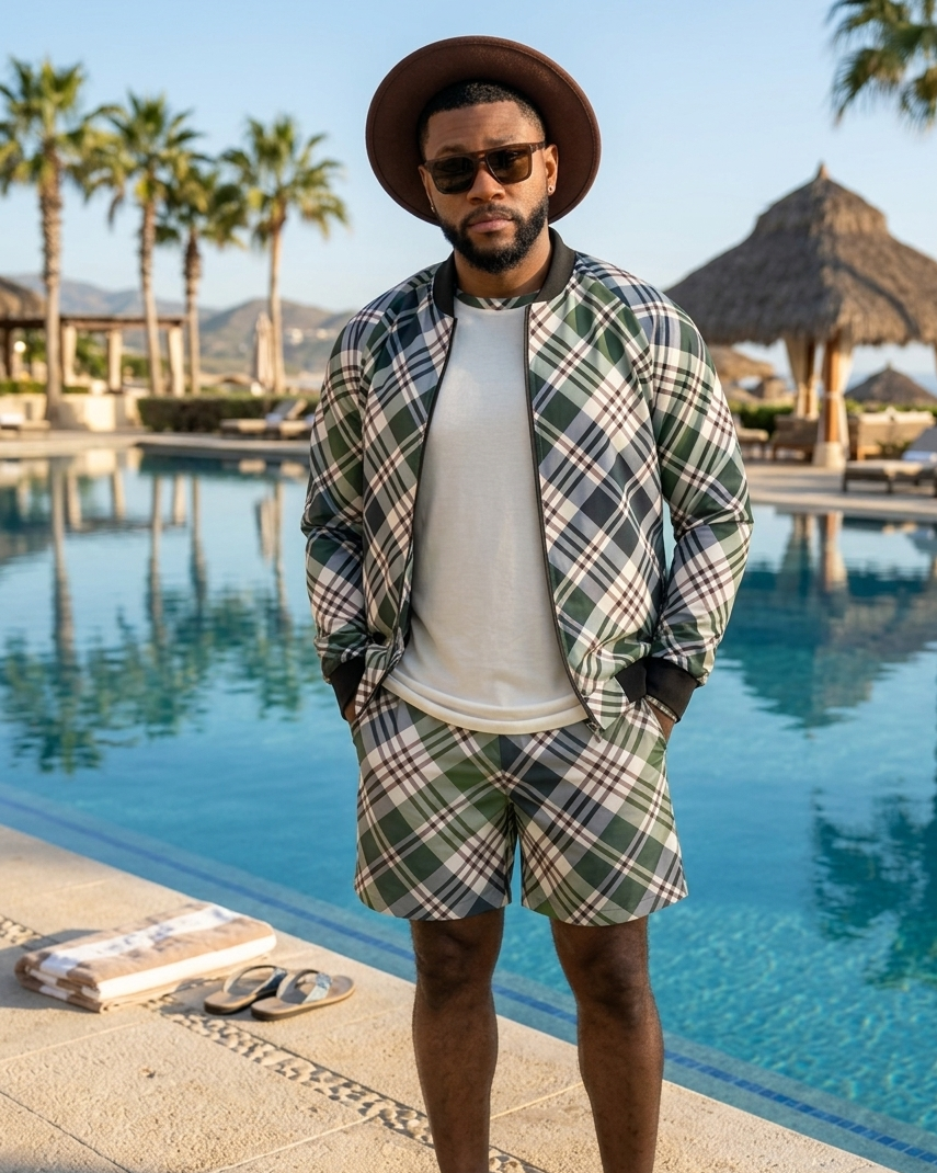 Men's Classic Plaid Bomber Jacket — bold all-over print by AmbiVirile, back view