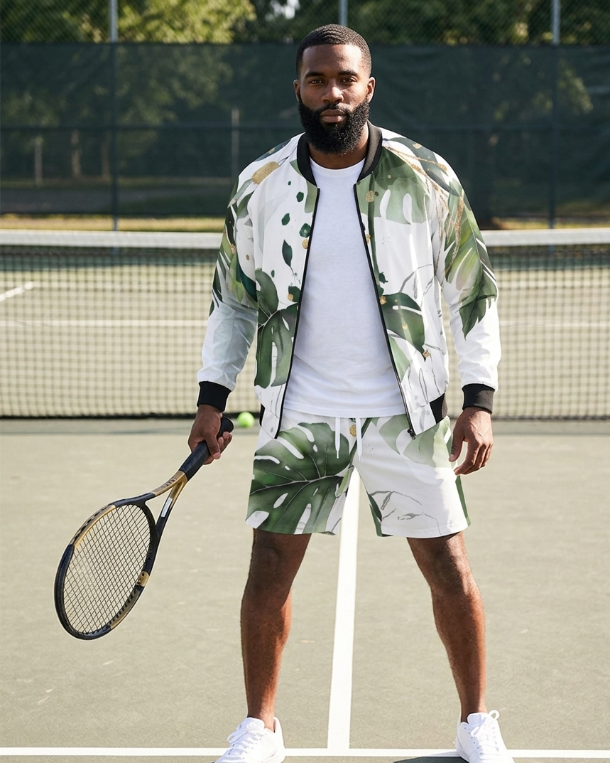 Men's Monstera Bomber Jacket — bold all-over print by AmbiVirile, front view