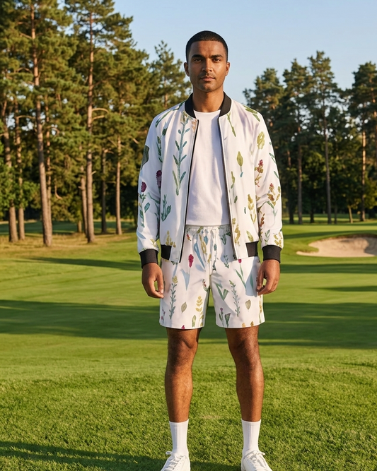 Men's Wildflowers Swim Trunks — bold all-over print by AmbiVirile, side view