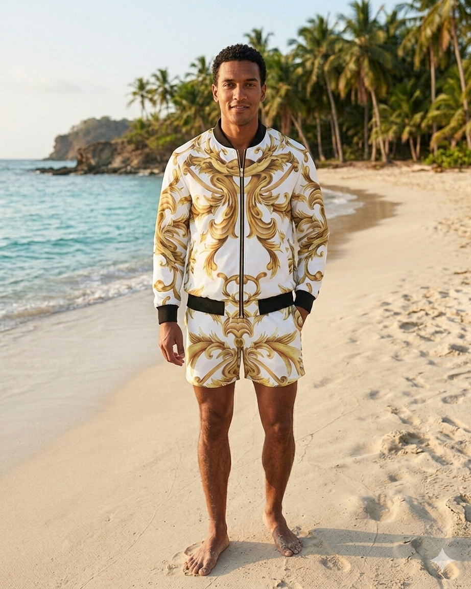 Men's Vintage Gold Bomber Jacket — bold all-over print by AmbiVirile, front view