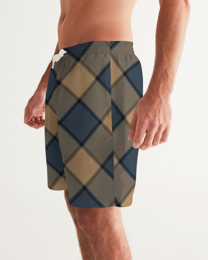 Men's Dark Teal Plaid Swim Trunks — bold all-over print by AmbiVirile, side view