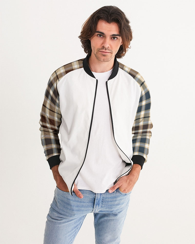 Men's Classic Plaid Brown Bomber Jacket — bold all-over print by AmbiVirile, front view