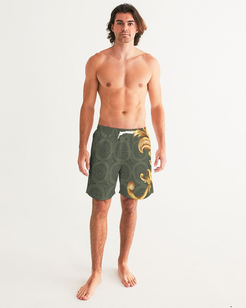 Men's Ornate Gold Swim Trunks — bold all-over print by AmbiVirile, back view
