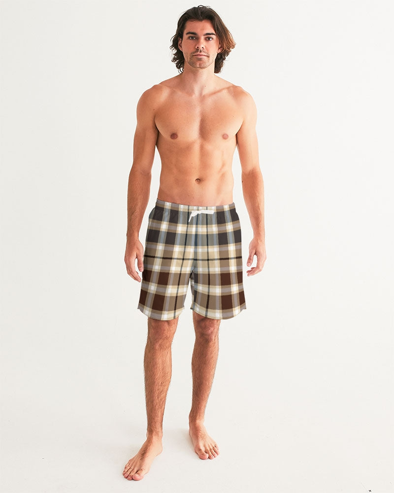Men's Classic Plaid Brown Swim Trunks — bold all-over print by AmbiVirile, back view