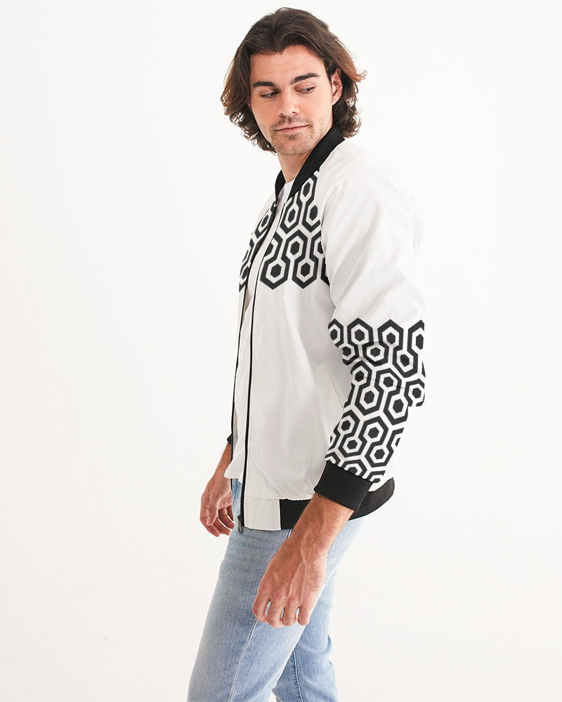Men's Black Matter Bomber Jacket — bold all-over print by AmbiVirile, side view