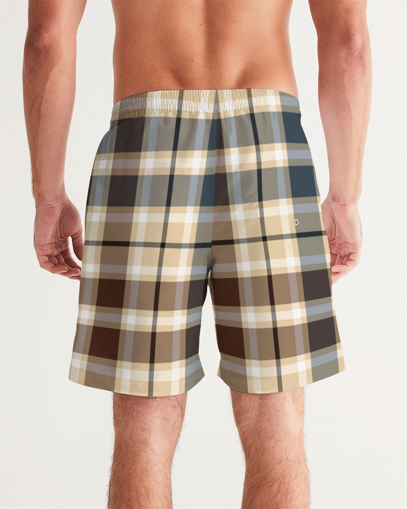 Men's Classic Plaid Brown Swim Trunks — bold all-over print by AmbiVirile, detail view