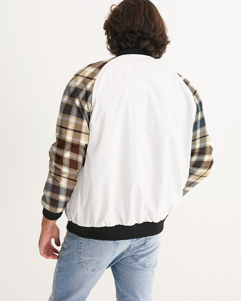 Men's Classic Plaid Brown Bomber Jacket — bold all-over print by AmbiVirile, detail view