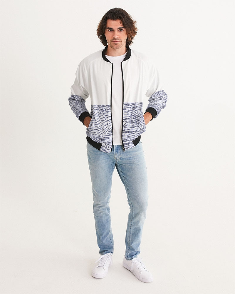 Men's Blue Matter Divide Bomber Jacket — bold all-over print by AmbiVirile, back view