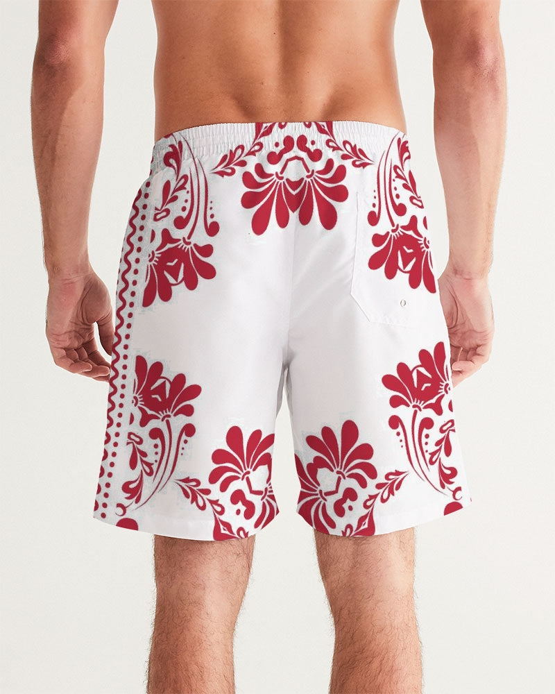 Men's Red Ceramics Swim Trunks — bold all-over print by AmbiVirile, detail view