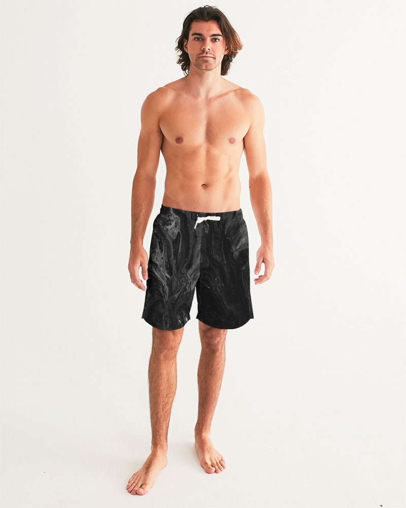 Men's Black Wave Swim Trunks — bold all-over print by AmbiVirile, back view