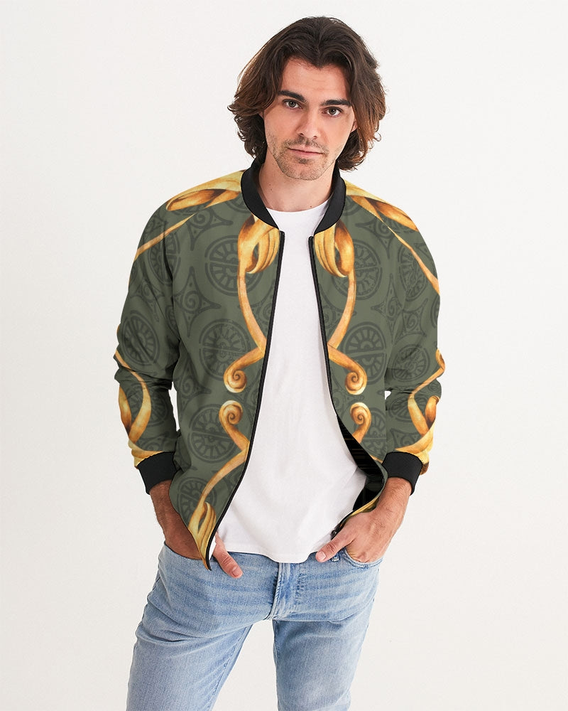 Men's Ornate Gold Bomber Jacket — bold all-over print by AmbiVirile, front view