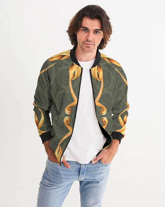 Men's Ornate Gold Bomber Jacket — bold all-over print by AmbiVirile, front view