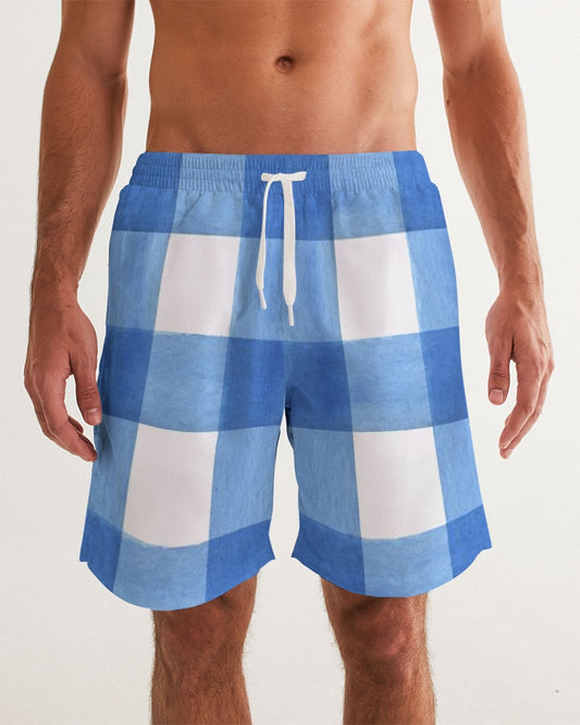 Men's Blue Cube Swim Trunks — bold all-over print by AmbiVirile, front view