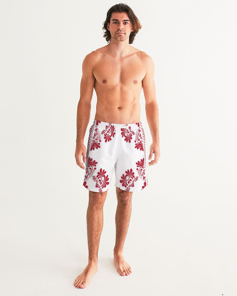 Men's Red Ceramics Swim Trunks — bold all-over print by AmbiVirile, back view