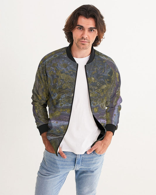 Men's Gold Paint Bomber Jacket — bold all-over print by AmbiVirile, front view