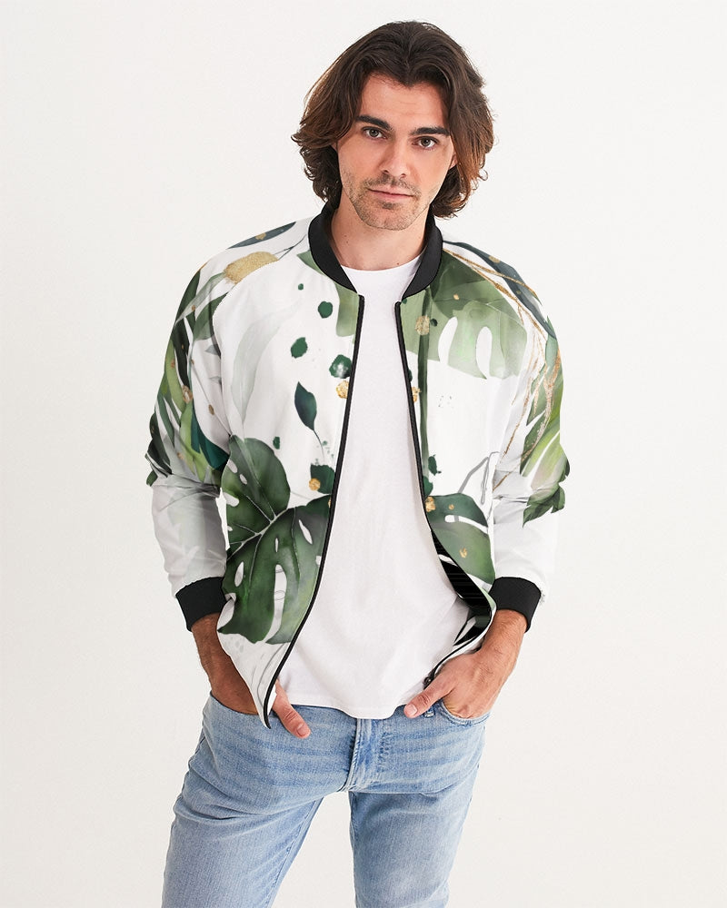 Men's Monstera Bomber Jacket — bold all-over print by AmbiVirile, side view