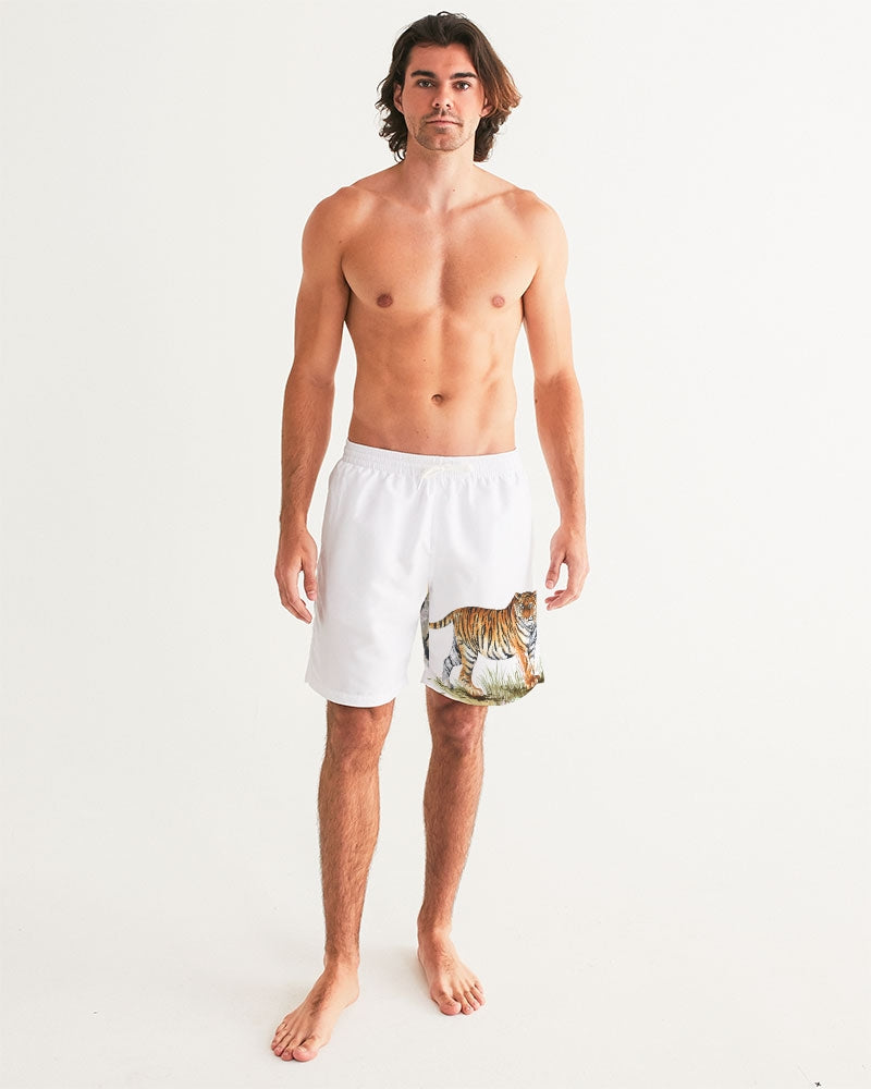 Men's Tiger Love Swim Trunks — bold all-over print by AmbiVirile, back view