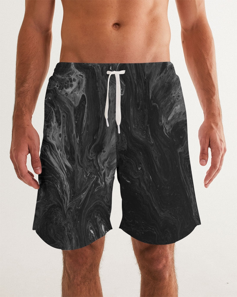 Men's Black Wave Swim Trunks — bold all-over print by AmbiVirile, front view
