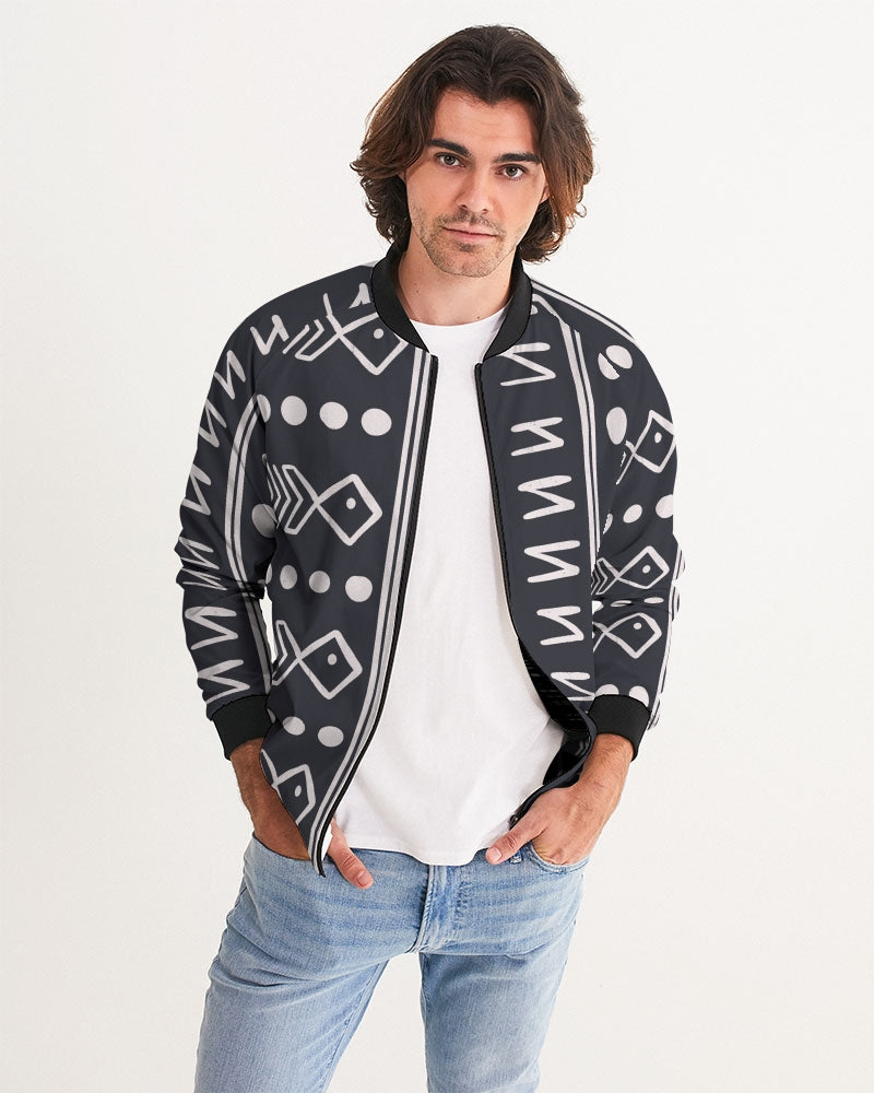 Men's Tribin' Bomber Jacket — bold all-over print by AmbiVirile, front view