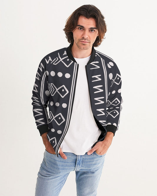 Men's Tribin' Bomber Jacket — bold all-over print by AmbiVirile, front view