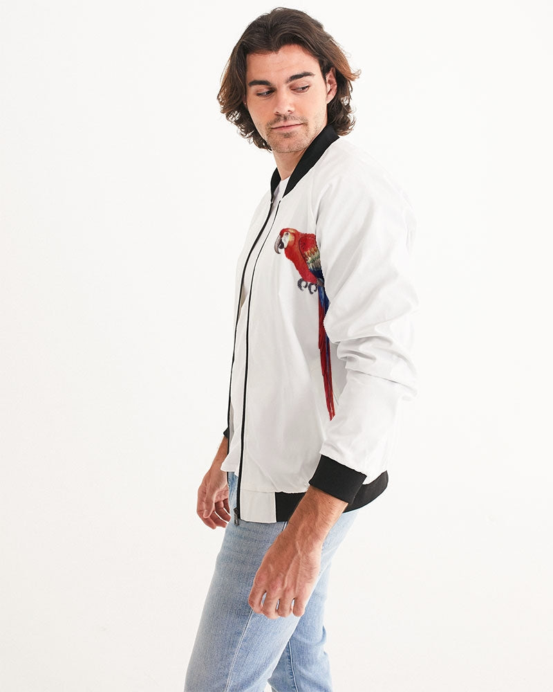 Men's Parrot Love Bomber Jacket — bold all-over print by AmbiVirile, side view
