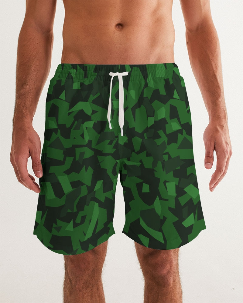 Men's AV Green Camo Swim Trunks — bold all-over print by AmbiVirile, front view