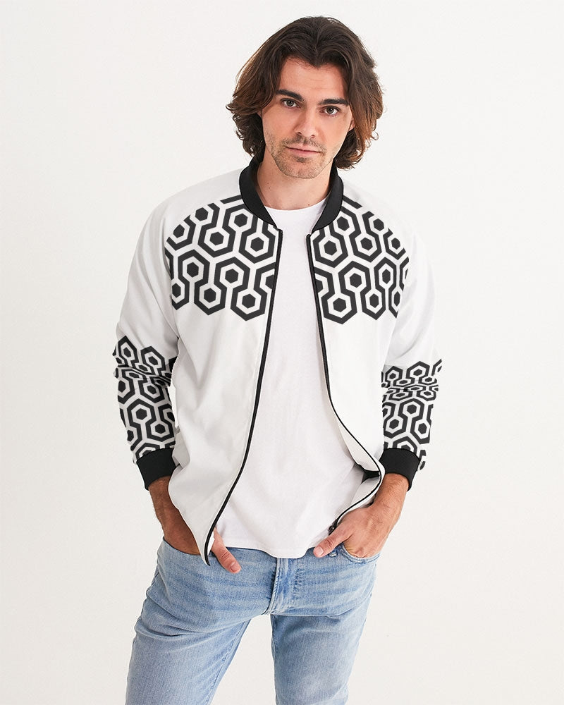 Men's Black Matter Bomber Jacket — bold all-over print by AmbiVirile, front view