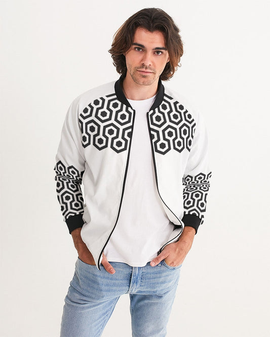 Men's Black Matter Bomber Jacket — bold all-over print by AmbiVirile, front view