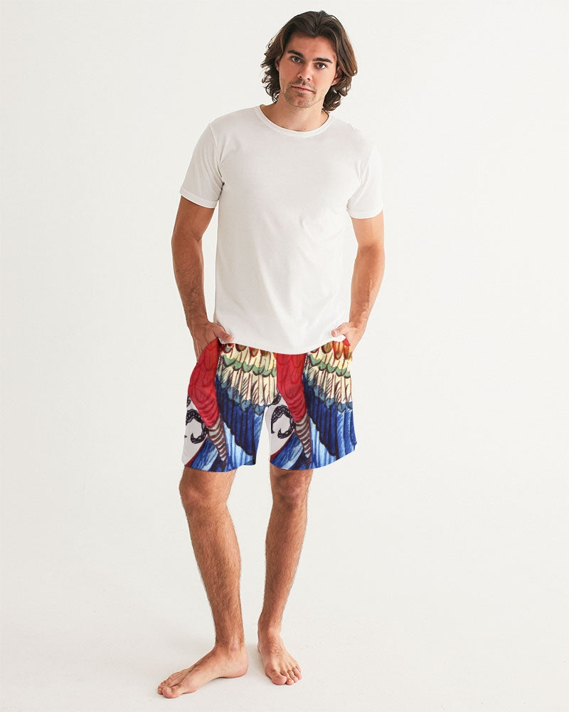 Men's Parrot Love Swim Trunks — bold all-over print by AmbiVirile, back view