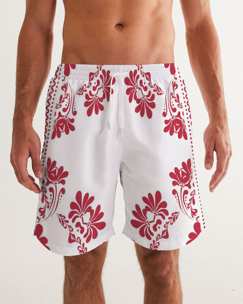 Men's Red Ceramics Swim Trunks — bold all-over print by AmbiVirile, front view