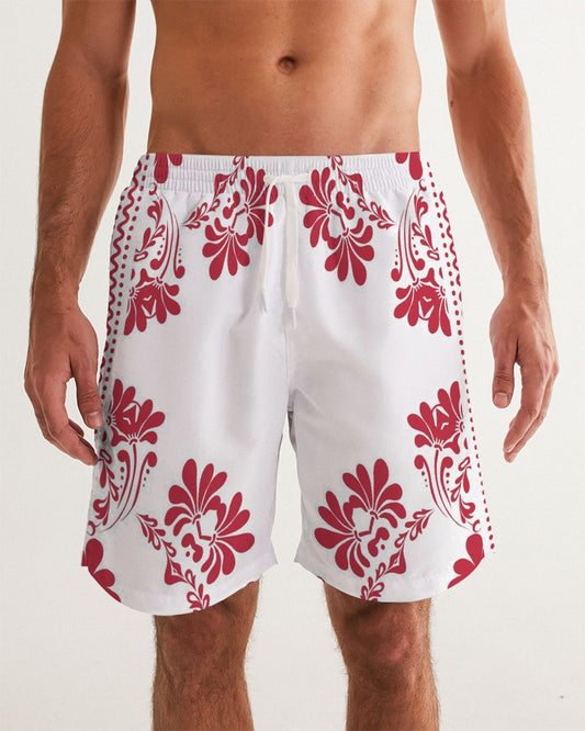 Men's Red Ceramics Swim Trunks — bold all-over print by AmbiVirile, front view