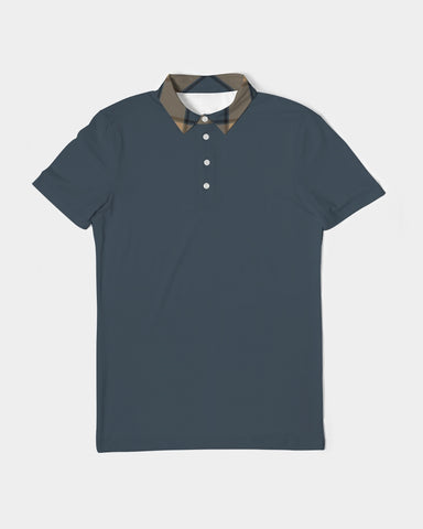 Dark Teal Plaid Men's Slim Fit Short Sleeve Polo