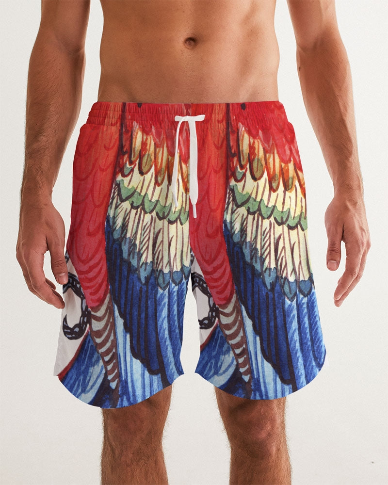 Men's Parrot Love Swim Trunks — bold all-over print by AmbiVirile, front view