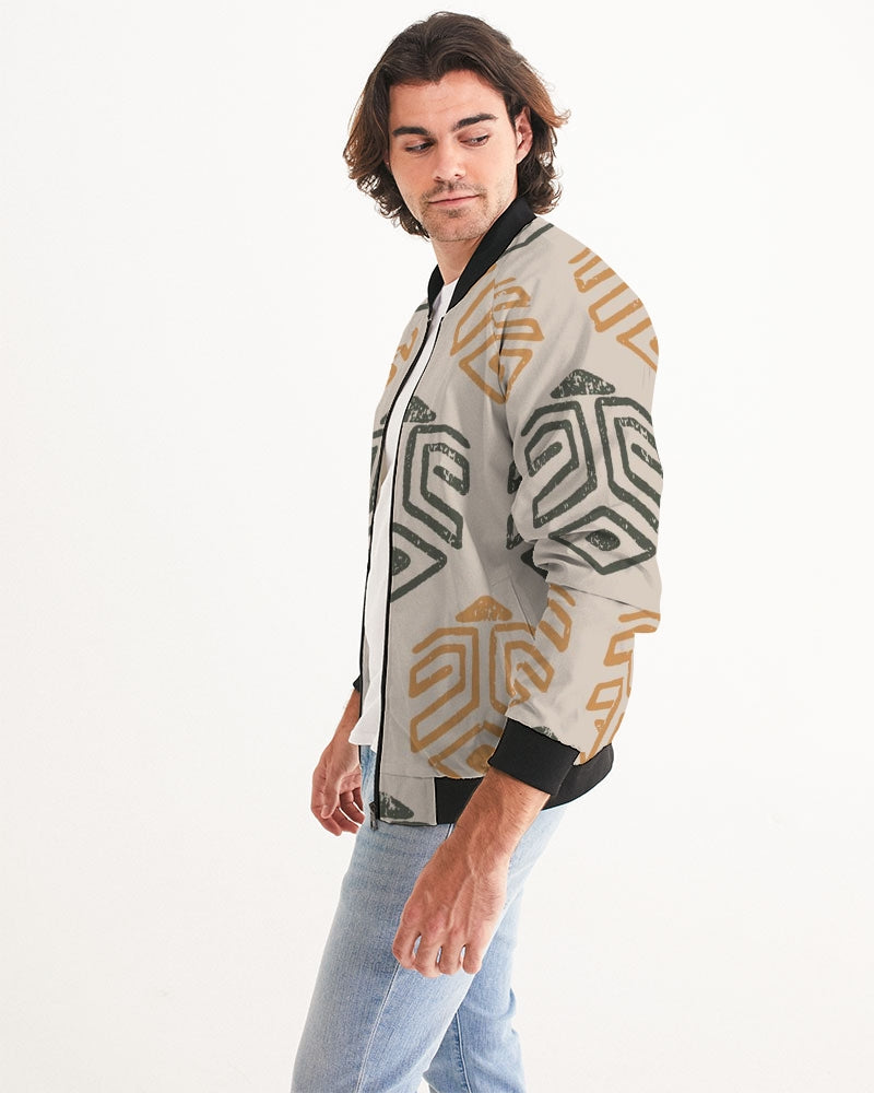 Men's Tribal Marks Bomber Jacket — bold all-over print by AmbiVirile, side view