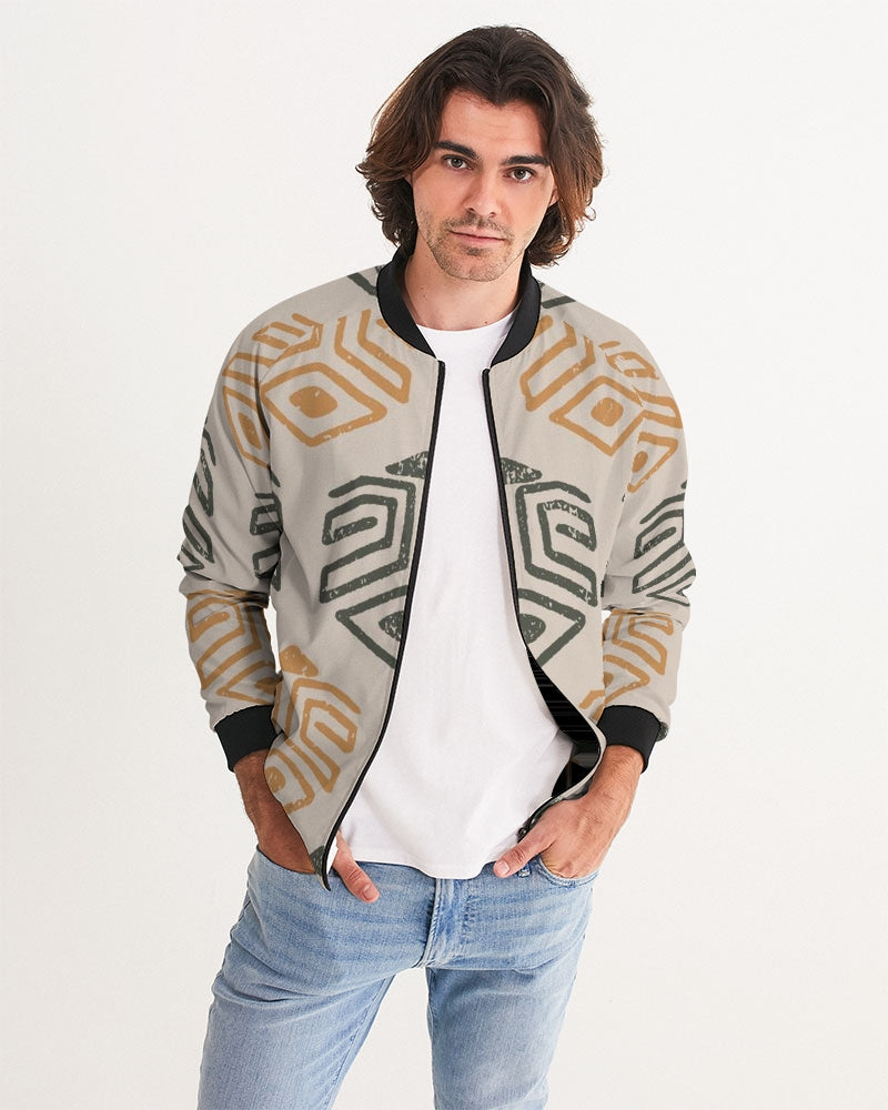 Men's Tribal Marks Bomber Jacket — bold all-over print by AmbiVirile, front view