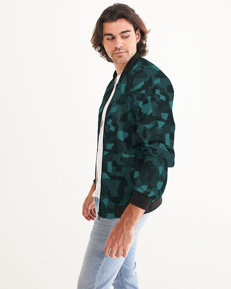 Men's AV Teal Camo Bomber Jacket — bold all-over print by AmbiVirile, side view