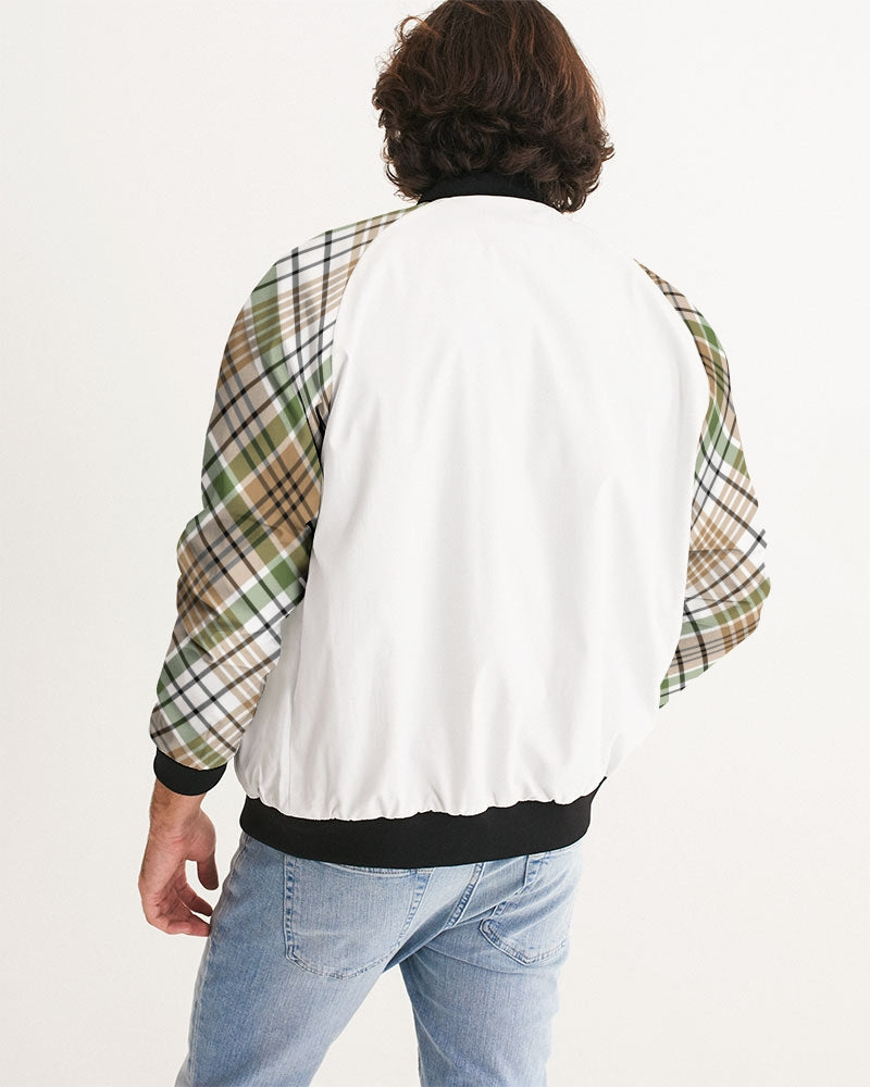 Men's Autumn Plaid Bomber Jacket — bold all-over print by AmbiVirile, detail view