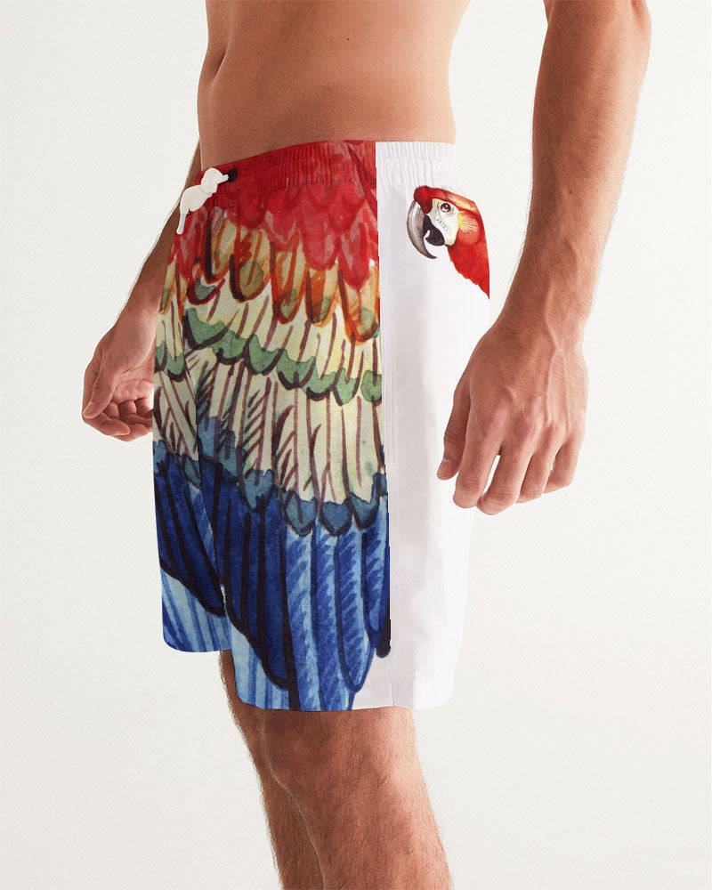 Men's Parrot Love Swim Trunks — bold all-over print by AmbiVirile, side view