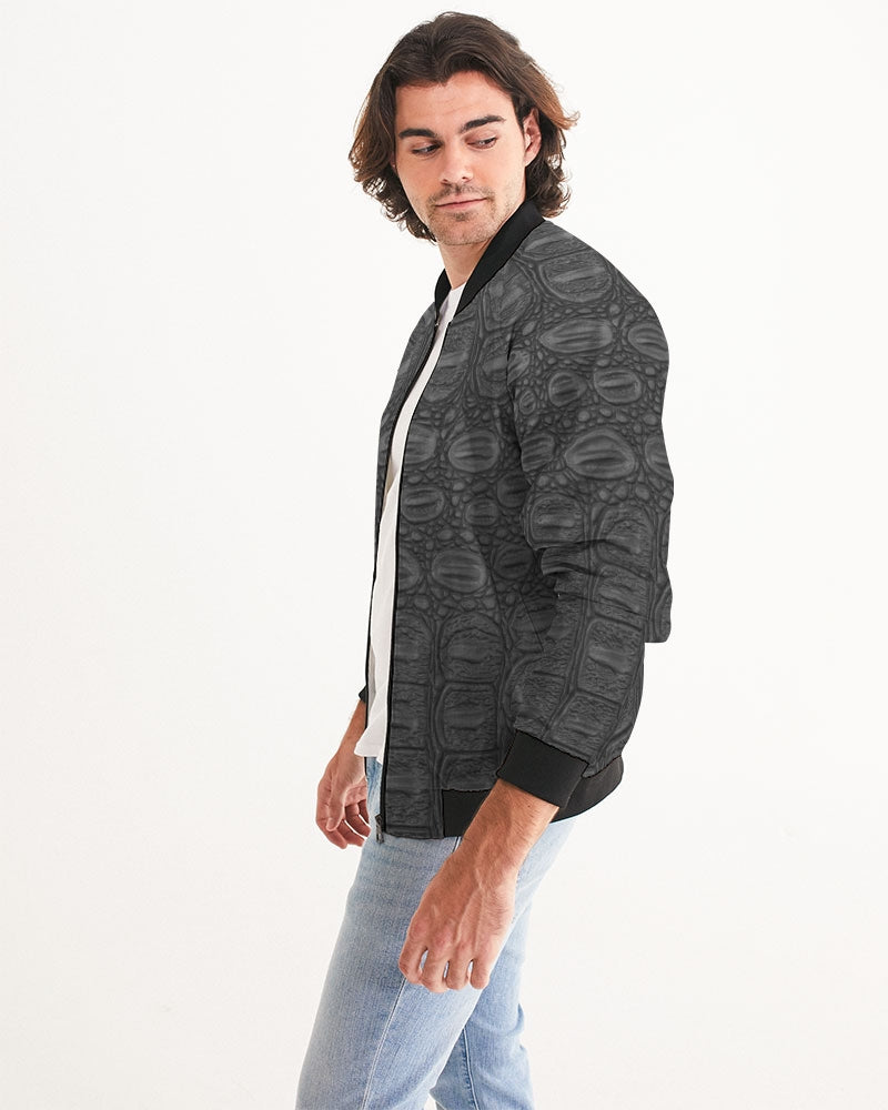Men's Black Crocodile Bomber Jacket — bold all-over print by AmbiVirile, side view