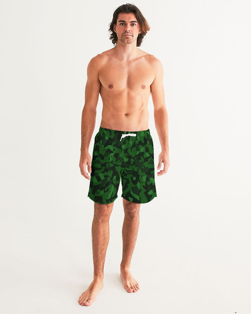 Men's AV Green Camo Swim Trunks — bold all-over print by AmbiVirile, back view